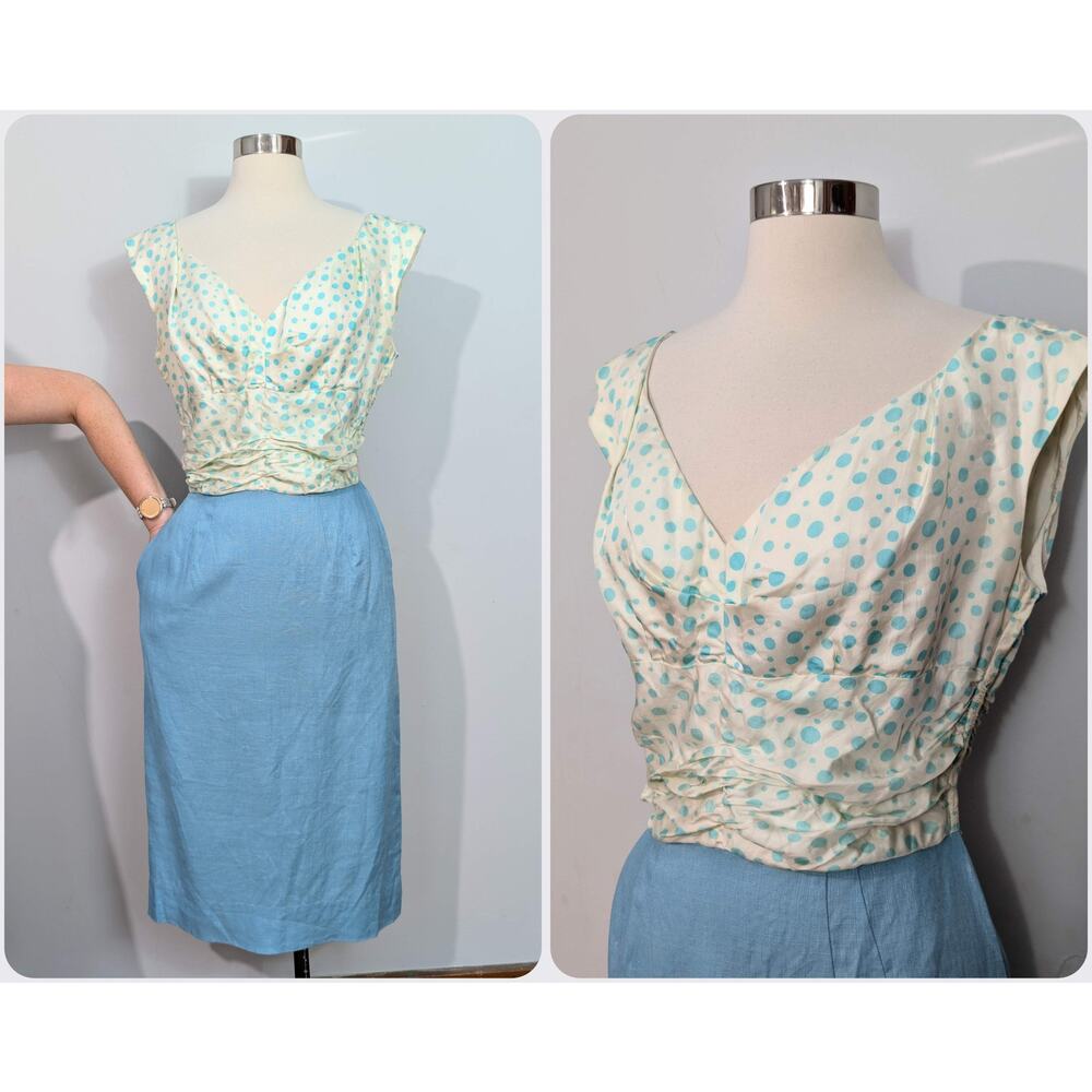 Rembrandt Blue Polka Dot and Linen 40s Dress